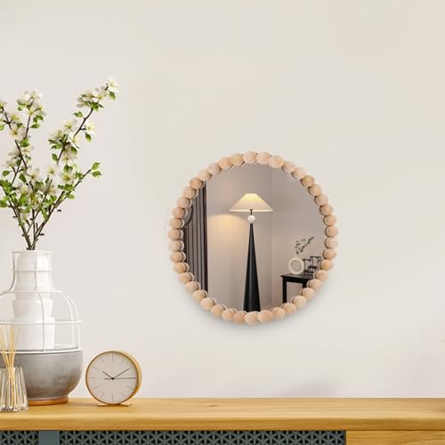 2 Set Boho Mirror Wall Décor DIY Kit, 8" Round Glass Mirror with Wood Beads, Rustic Farmhouse Decorative Wall Art for Living Room, Bedroom, Entryway (Assembly Required)