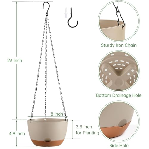 Set of 2 Hanging Planters for Indoor Outdoor Plants, 8 Inch Self-Watering Hanging Flower Pots with Drainage Hole & Removable Water-Storage Tray (Hooks) - color: Beige, size: 8 Inch (S)
