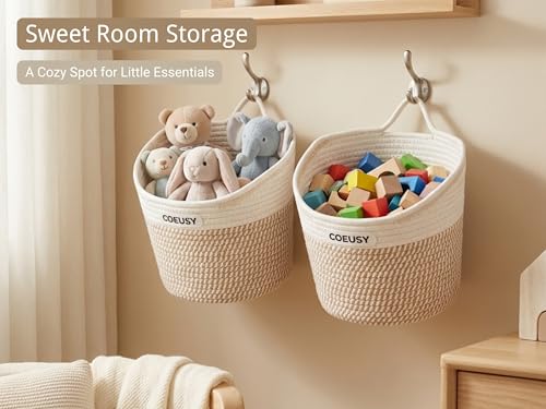 Coeusy 2 Pack Hanging Basket, Boho Wall Basket Hanging for Bathroom,Nursery,Door, Cotton Rope Hanging Wall Basket for Plants,Flowers,Clothes