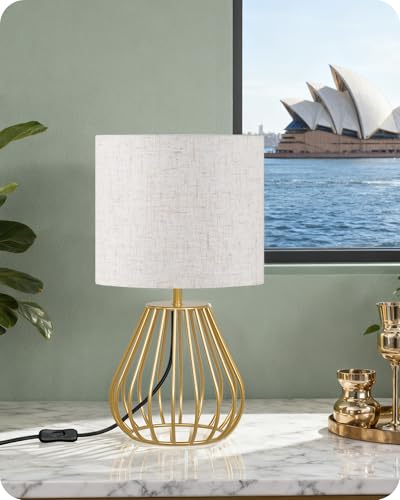 Gold Table Lamp, 12.6'' Small Table Lamp with Beige Linen Lampshade & Gold Cage Base, Modern Little Cute Desk Lamp, Bedside Lamp for Bedroom, Living Room, 2700K LED Bulb Included, DE06TL05 - color: Beige + Gold