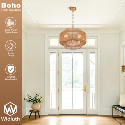 Widluth17.7 Rattan Pendant Light, Hand-Woven Boho Farmhouse Hanging Light Fixture, Drum Wicker Rattan Chandelier for Kitchen Island, Bedroom, Dining Room, Entryway - color: Gold 17.7"