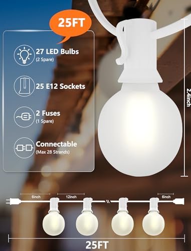 SUNSGNE 25Ft G40 LED Outdoor White String Lights with 27 White Frosted Shatterproof Globe Bulbs (2 Spare), Outdoor Hanging Lights for Room Café Bistro Pergola Tents, White Wire - color: Frosted White-White, size: 25FT