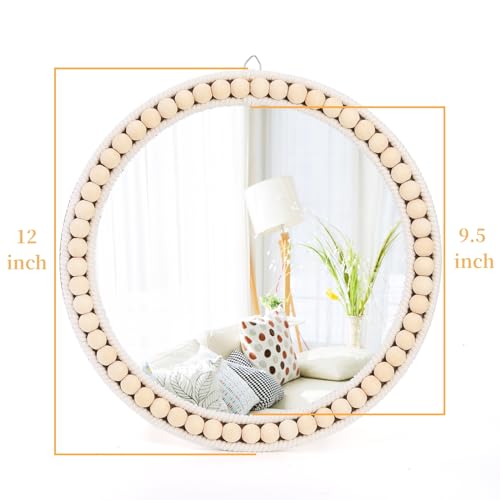 Eorbow Boho Wall Mounted Mirror, 12 Inch Round Wooden Bead Hanging Mirrors, Rustic Decorative Vanity Mirror, Farmhouse Circle Decor Mirrors for Living Room, Bedroom, Bathroom, Nursery