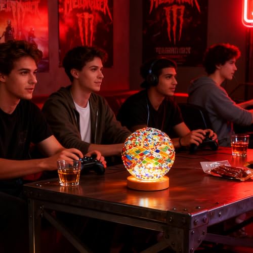 Memphis Mosaic Table Lamp Vintage Turkish Stained Glass Lamps USB Power Dimmable Geometric Pattern Ambient Lighting for Kids Room Playroom & Pop Art Home Decoration(5V 4.72"*5.31") - style: Memphis A