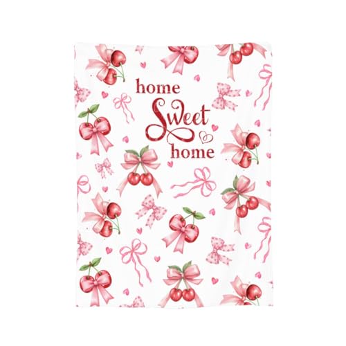 Pink Cherry Throw Blanket, Summer Fruit Retro Red Ribbon Sweet Home Seasonal Warm Cozy Farmhouse Flannel Soft Blanket for Couch Chair Sofa Bed Bedroom Living Room Car Camping 30"x 40" - color: Cherry01, size: 30X40 inch