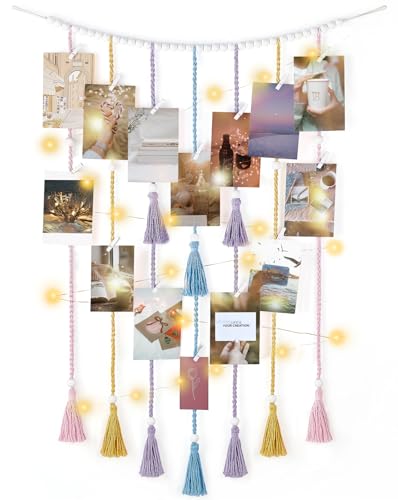 Mkono Macrame Hanging Photo Display Wall Decor with String Lights Boho Room Bedroom Wooden Beads Garland Picture Greeting Cards Holder with 30 Clips - color: Multi Color, size: Medium