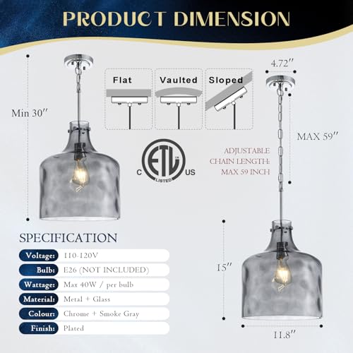 Farmhouse Pendant Light – Hand-Blown Smoked Gray Hammered Glass Shade, Polished Chrome Finish, E26 Socket, Adjustable Chain Hanging Fixture for Kitchen Island, Dining Room & Hallway, 15" H x 12" D - color: Chain Smoked