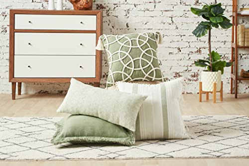 carol & frank Lily Sage Geometric Accent Throw Pillow w/White Tassel Fringe 18" x 18" All Seasons Springtime Spring Home Living Room Sofa Couch Chair Bed Bedroom Premium Luxury Decor Decoration 18" x