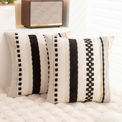 Boho Throw Pillow Covers 18x18 Set of 2 Farmhouse Decorative Cushion Case Striped Square Pillows Cover Chenille Pillow Cases Accent Neutral Pillowcase for Sofa Couch Bed,Black - color: Black Stripe 1