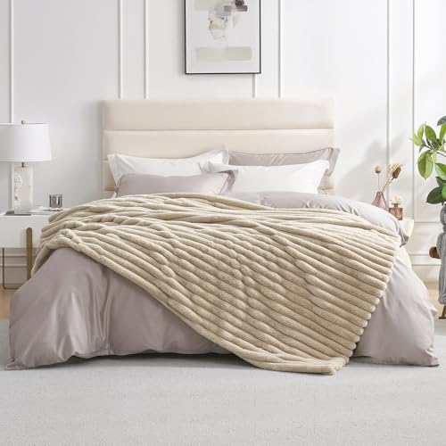 Amélie Home Faux Fur Throw Blanket for Couch, Cozy Fuzzy Fluffy Fur Luxurious Soft Striped Plush Gift Blankets for Family Sofa Chair, 60"x80", Beige - color: Striped Beige, size: Twin(60"x80")