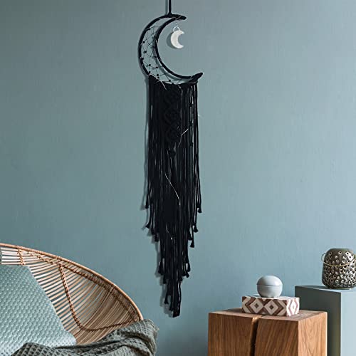 ANROYE Boho Macrame Woven Wall Hanging, Crochet Crescent Moon Star Dream Catcher with Long Tassel- Black Cotton Handmade Bohemian Home Decor Nursery Decoration Art for Kids Bedroom Dorm Room - color: Black, size: Without Light