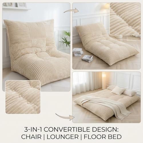 Giant Bean Bag Chair - 3-in-1 Convertible Memory Foam Floor Cushion with Washable Corduroy Cover, Large Comfy Beanbag Sofa for Adults and Kids (Cream) - color: Cream