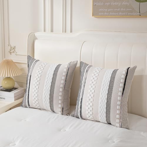 Boho Pillow Covers 18x18 Set of 2 for Couch-Modern Farmhouse Sofa Decorative Throw Pillow Covers Textured Chenille Cushion Covers Outdoor Netural Bohemian Pillow Cases Square - color: White Stripe