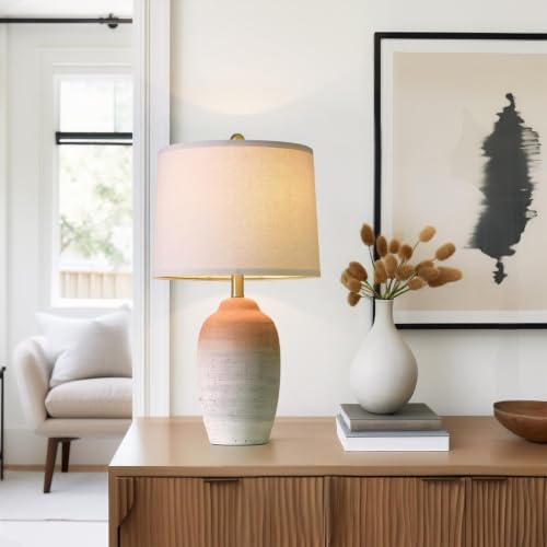 USumkky 24.5" Ceramic Table Lamp with 5FT Cord, Single Farmhouse Vintage Rustic Bedside Lamp for Living Room Bedroom Entryway, Linen Shade Nightstand End Table Decor (Bulb Not Included)-White&Brown - color: 24.5" White&Brown