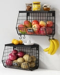 Goozii Black Kitchen Wall Hanging Storage Basket Set of 2, Rustic Stackable Kitchen Counter Fruit Organizer, Wire Baskets Container for Veggie, Garlic, Produce, Onion and Potato (Black Shelf) - color: Black + Black Wood