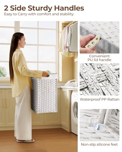 Greenstell Laundry Hamper with lid, No Install Needed, 110L Wicker Laundry Baskets Foldable 2 Removable Liner Bags, 2 Section Clothes Hamper Handwoven Rattan Laundry Basket with Handles, White - color: White