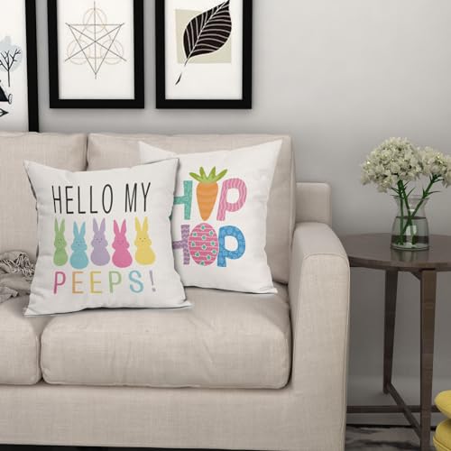 Easter Pillow Covers 16x16 Inches Hello My Peeps Hip Hop Throw Pillow Case Set of 2 Easter Bunny Pillow Cover Cotton Linen Spring Cushion Cover for Home Couch Sofa Bedroom Livingroom - color: Easter Rabbit231123, size: 16" x 16" (Pack of 2)