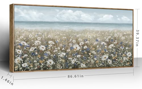Extra Large Framed Wall Art Blue Seaside And White Flower Wall Decor Farmhouse Art Work Natural Scenery Prints Modern Landscape Picture For Living Room Bedroom Office Hallway 86"x39" - color: Coastal Flower Sea Art, size: 86"L x 39"W