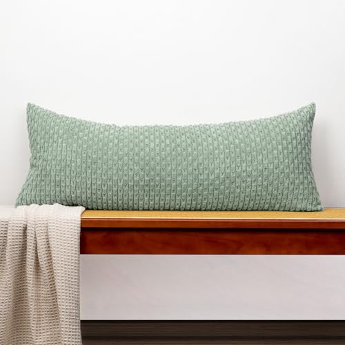 JoraLion 14x36 Boho Decorative Lumbar Throw Pillow Cover, Seafoam Green Cozy Soft Striped Corduroy Long Rectangle Cushion Case Accent Home Decor for Sofa Bed Room Livingroom, ONLY Cover - color: Seafoam Green, size: 36" x 14" (Pack of 1)