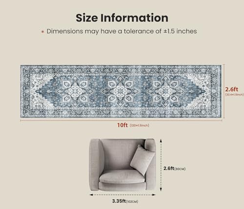 AMADA HOMEFURNISHING 2'6"x10' Washable Area Rug, Low-Profile Entryway Rug with Non-Slip Backing & Durable Edge Binding, Vintage Rug Pattern, Small Rugs for Entryway, Kitchen & Living Room - color: Blue, size: 2'6" x 10' (Runner)
