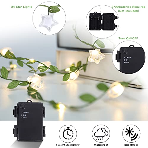 Vigdur 2 Packs Vine String Lights - Tiny Leaf Ivy String Lights with 48 Star Lights Battery Powered Waterproof Fairy Light Indoor Outdoor for Bedroom Party Garden Wall Décor St. Patrick's Day - color: Leaf and Star