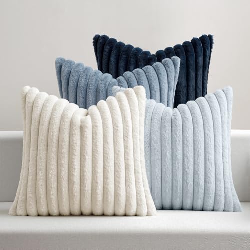 MIULEE Faux Fur Plush Decorative Throw Pillow Covers 18x18 Set of 4, Summer Modern Soft Fuzzy Coastal Striped Cushion Covers for Sofa Couch Bed Living Room Cozy Home Decor,Navy Blue - color: Navy Blue, size: 18" x 18" (Pack of 4)