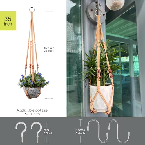 Macrame Plant Hanger for 5 to 10 Inch Plant Pots, Set of 2 Indoor Handmade 35 Inch Woven Rope Hanger Kits with Hooks and Wood Beads, Hanging Planter Basket Holder for Boho Home Decor (Brown, 2 Pack) - color: Brown, size: 35 Inch 2 Pack