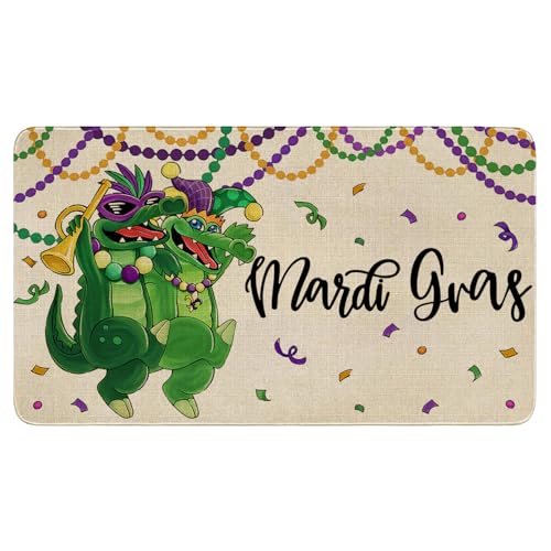 Mardi Gras Door Mat,Green Alligator New Orleans Carnival Masquerade Mask Beads Indoor Outdoor Non-Slip Doormat,Entryway Front Porch Welcome Mat for Entrance Decor 30" x 17" - color: Mardi Gras Doormat 3