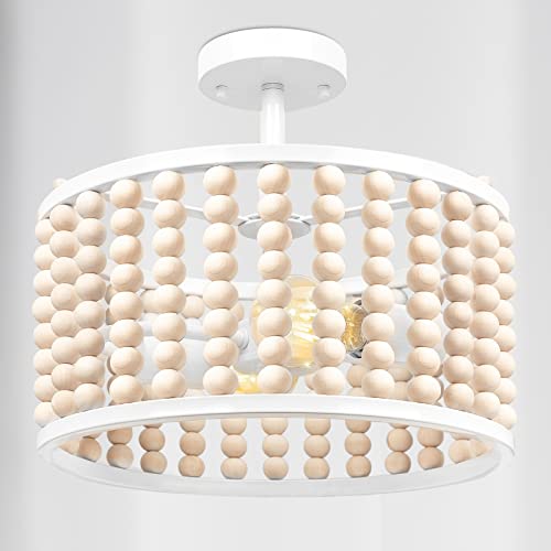 White Wood Beaded Boho Chandelier - Modern Nursery Ceiling Light Fixture, Beaded Semi Flush Mount Light, Farmhouse Lights for Bedroom Hallway Foyer Living Kids Room - color: White Chandelier