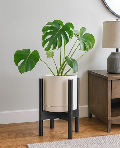 D'vine Dev Ceramic Planter with Ebony Stand - 8 Inch Modern Round Flower Pot with Wood Planter Holder, Oatmeal, 55-B-M-8 - color: Oatmeal Pot + Ebony Stand, size: 8 Inch
