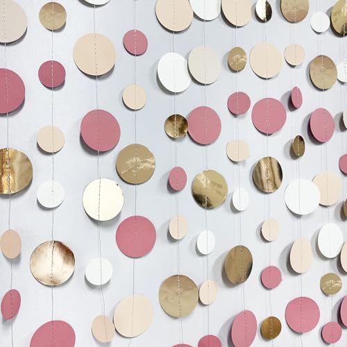 Champagne Gold Dusty Pink Decorations Circle Dots Garland Gold Pink Nude Neutral Cream White Boho Hanging Polka Dot Streamer for Bridal Shower Birthday Wedding Engagement Baby Shower Party Supplies - color: Champagne Gold Dusty Pink