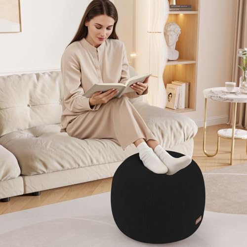 MeMoreCool Stuffed Round Pouf Ottoman Foot Rest, Floor Pouf Foot Stool with Soft Foam Chunk Filling, Small Round Ottoman Footstool Circle Footrest for Living Room, Black - color: Teddy Black