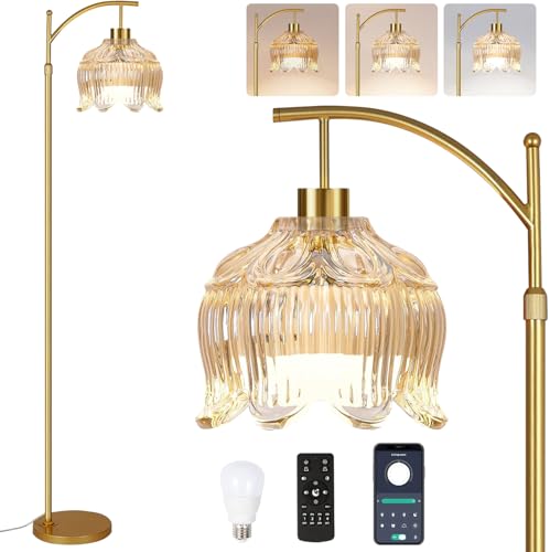 QIYIZM Flower Floor Lamp for Living Room,Bedroom,Gold Dimmable Standing Lamp with Remote,Glass Mid Century Modern Brass Tall Lamp Boho Floor Lamps Arc Stained Floor Light Lamp Bohemian - size: 32-Floor Lamp