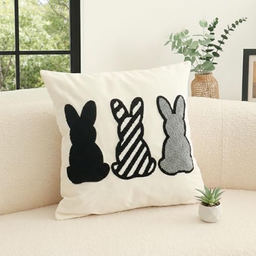 Jonhier Easter Bunny Throw Pillow Cover, Boho Black and White Neutral Rabbit Pillowcase for Living Room Bedroom, Modern Farmhouse Tufted Embroidery Cushion Case for Spring Home Decor, 18 x 18 inch - size: 18" x 18" (Pack of 1)