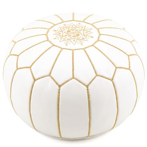 Marrakesh Gallery Genuine Leather Round Pouf Unstuffed - Moroccan Ottoman Footstool, Footrest Cover - Boho Decor - Bohemian Living Room, Bedroom, Kids Room, Gift & Wedding - color: White By Musk