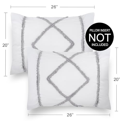 Minimalist Macrame Boho Chic White and Grey Set of 2 Pillow Cases Standard Queen Pillowcase Sham Cover Set Bed Tufted Knotted Tassel Fringe Cotton Decorative Accent Home Room Decor - color: Gray, White