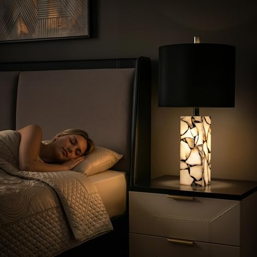Scenekoy 23" Alabaster Table Lamps Set of 2 with Night Light for Living Room, Rotary Switch, Black Modern Table Lamp with Black Linen Shade, Nightstand Lamp for Bedroom Bedside Office (Bulb Included) - color: Black