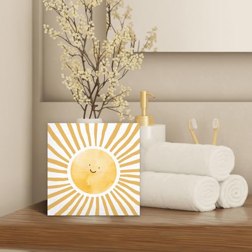 Inspirational Sun Sunshine Wood Box Sign Desk Decor 5X5, Pop Smiles Rustic Farmhouse Wooden Block Sign Decorations for Home Office Girls Dorm Room Nursery Playroom Wall Tabletop Shelf Decor - color: Colour 01, size: 5X5