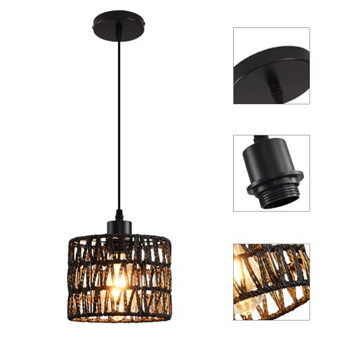 Woven Pendant Light Boho Chandelier, Rattan Pendant Lights Kitchen Island, Farmhouse Pendant Lighting with Hand Woven Wicker Shade, Boho Chandelier Light Fixtures Ceiling Hanging Light - color: 2 Pack Black
