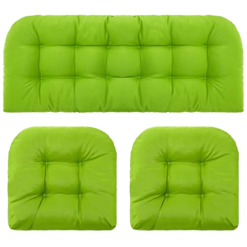 Barydat 3 Pack Wicker Furniture Cushions Waterproof Outdoor/Indoor Tufted Wicker Chair Cushions 1 Loveseat and 2 U-Shape Rattan Chairs for Patio Furniture, Rattan Love Seat, Bench (Grass Green) - color: Grass Green