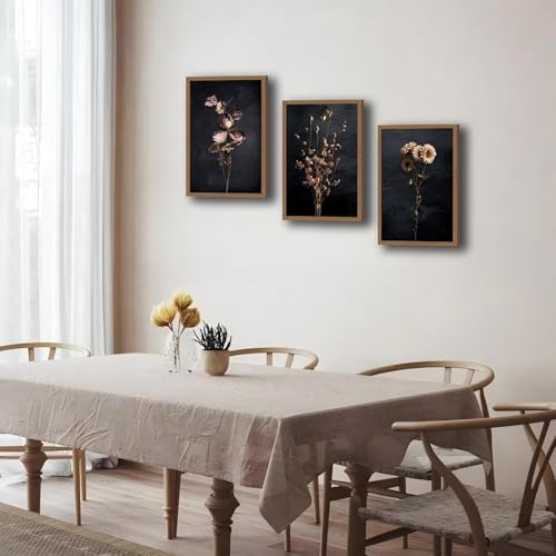 AUROR 3pcs Vintage Floral Canvas Wall Art - Dried Sunflowers, Poppies, And Roses - Dark-Themed Bohemian Floral- Elegant Botanical Prints For Living Room, Bedroom, And Office Decor 12x16in - color: Dried poppy rose flowers, size: 12x16in