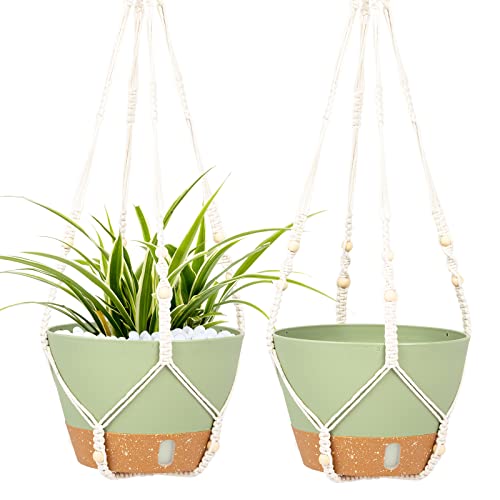 QCQHDU 2 Pack Hanging Planters Set for Indoor and Outdoor Plants Plant Pots with Cotton Rope Hanging Planter Set Flower Pots with Wood Beads for Boho Home Decor - color: Kelly Green, size: 7.2in