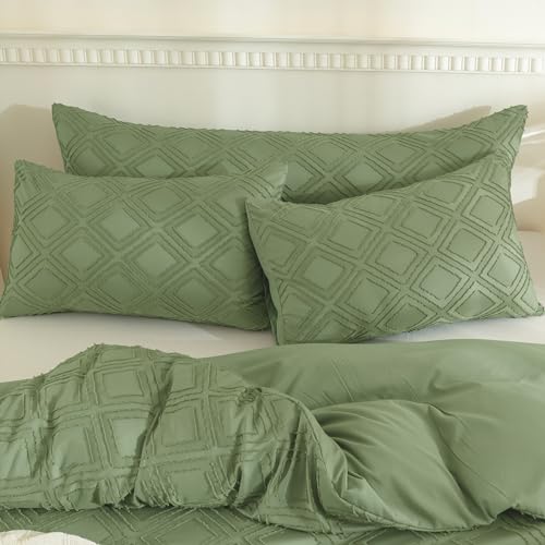 JELLYMONI Pillowcases King Size Light Green 2 Pack Boho Plaid Bed Pillow Covers 20x36in Polyester Envelope Pillow Shams Tufted Bohemian Textured (Pillows are not Included) - color: 02 - Light Green - Grid, size: 36" x 20" (Pack of 2)