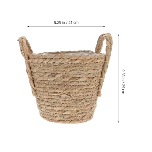 SHOWERORO Boho Seagrass Basket Planter with Handle 20cm Diameter Indoor Flower Pot for Succulent Plants Home Decor Retro Straw Woven Planter for Living Room