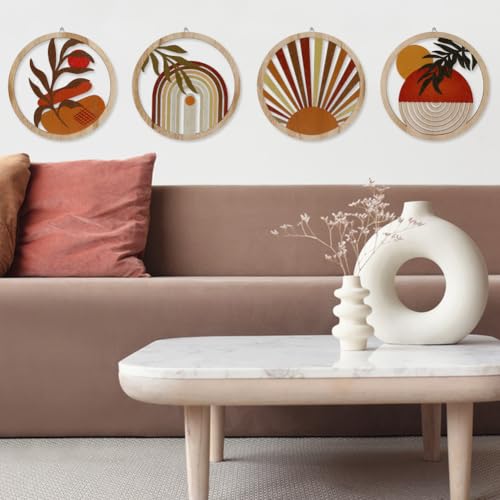 YOSINXU 4 Pcs Boho Wall Decor Rustic Wooden Living Room Bohemian Hanging Art Decor, Decors Farmhouse Geometric Hanging, 10 Inch Aesthetic Minimalist Wood Art for Apartment Bedroom