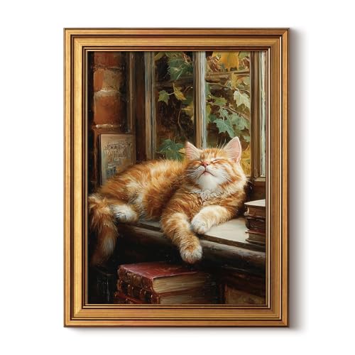 HUARCEY Gold Framed Canvas Wall Art, Book Cat Vintage Decor, Rustic Vintage Neutral Canvas Paintings Retro Table Desk Picturesfor Bathroom Bedroom Living Room, 12x16Inch - color: Book Cat, size: 16"L x 12"W