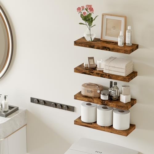 Fixwal Wood Floating Shelves, Wall Shelves Set of 4, Shelves for Wall Decor, with Invisible Brackets for Bathroom, Living Room,Bedroom and Kitchen(15.7in, Rustic Brown) - color: Rustic Brown, size: 15.7in