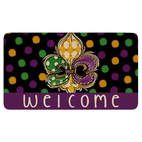 Mardi Gras Door Mat,Green Alligator New Orleans Carnival Masquerade Mask Beads Indoor Outdoor Non-Slip Doormat,Entryway Front Porch Welcome Mat for Entrance Decor 30" x 17" - color: Mardi Gras Doormat 4