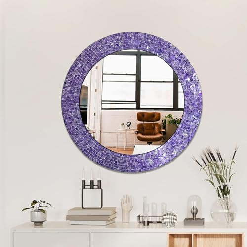 24" Round Rainbow Mosaic Wall Mirror, Multicolor Glass Tile Frame, Bohemian Decorative Accent Mirror for Living Room, Bathroom, Bedroom, Entryway, Wall Mount (MI-8129_Ultra-Violet) - color: Mi-8129_ultra-violet