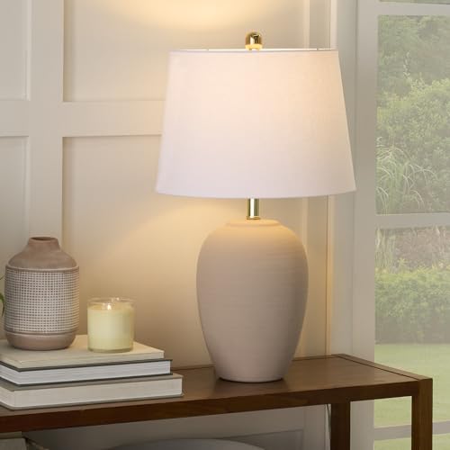 Nourison Home 23" Light Pink Ceramic Jar Table Lamp for Bedroom, Living Room, Dining Office, with White Shade (Pack of 1) - color: Blush Pink, size: 1 Lamp - Drum Shade